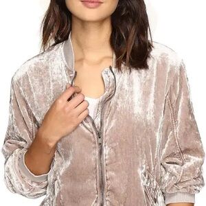 Free People Rouched Velvet Bomber Jacket - Sand